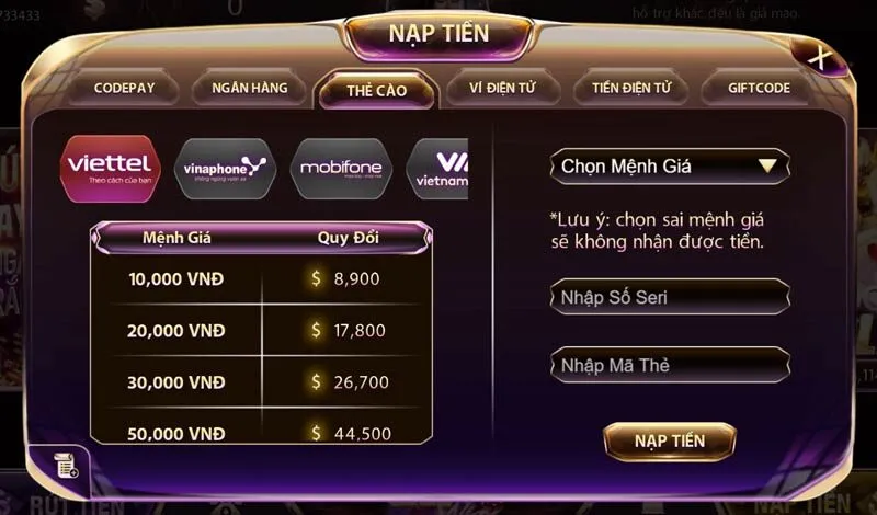 Giao diện nạp thẻ cào trên web